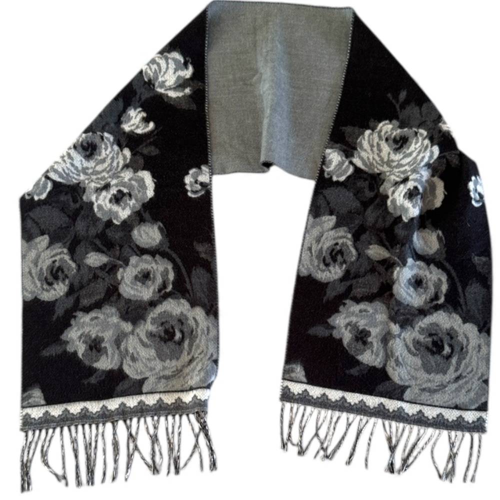 Preston & York Scarf Floral Design Scarf 12x62 Women's Fringed Black Gray Soft